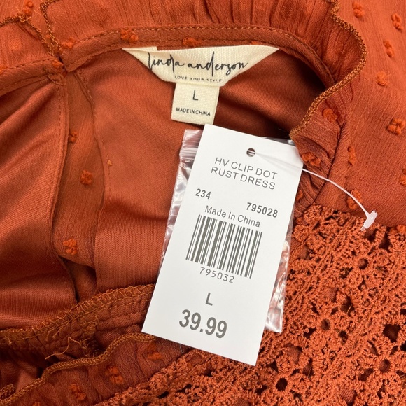 NWT Linda Anderson Crochet Trim Pull Sleeve Swiss Dot Dress Rust Size L - Picture 9 of 11